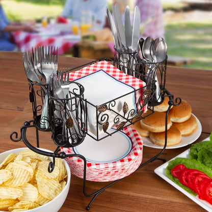 Portable Utensil Caddy for Parties, Elegant Leaf Design Buffet & Silverware Organizer with Napkin Holder, Stainless Steel Plate Storage Caddy for Camping, BBQ & Outdoor Dining