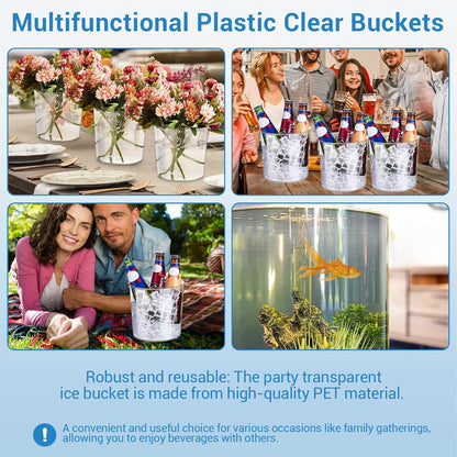 Garvee 6.5 in Clear Plastic Ice Bucket – Multi-Purpose Wine/Champagne/Beer Cooler, Snack Tub, Kettle Corn Bowl, Vase – BPA-Free, Food-Grade, Durable & Stylish (12-Pack with Ice Tongs)