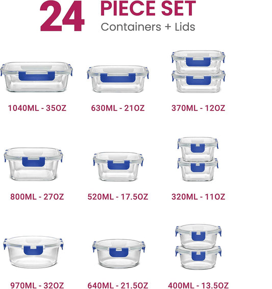 FineDine 24 Piece Glass Storage Containers with Lids - Leak Proof, Dishwasher Safe Glass Food Storage Containers for Meal Prep or Leftovers, Blue