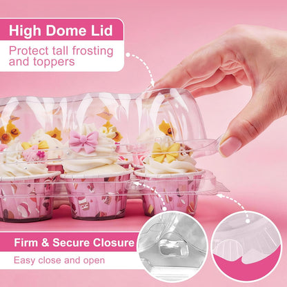 LotFancy (12 Count x 12 Sets) Cupcake Containers with 144 Liners, Thick Plastic Cupcake Boxes Holders, BPA Free, Disposable Cupcake Carrier with Detachable Tall Dome Lid
