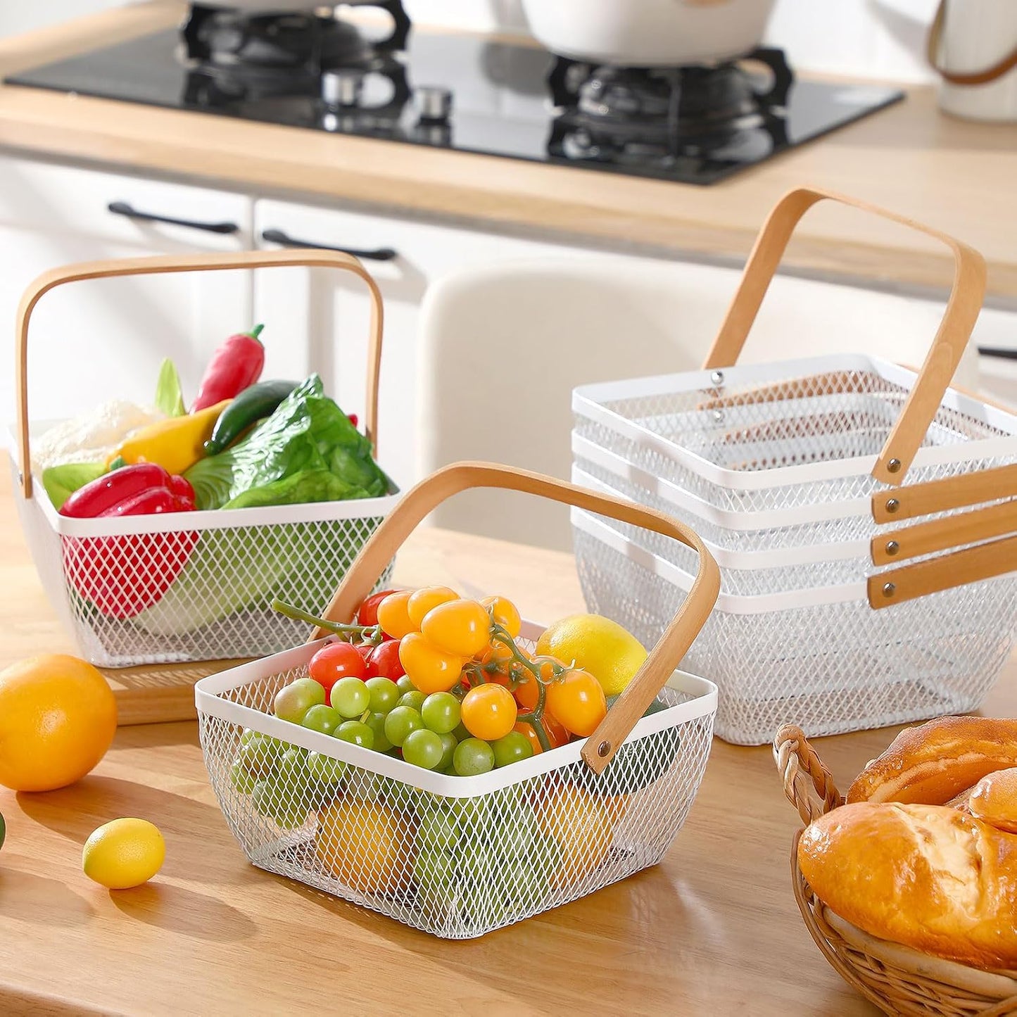 6 Pcs Metal Mesh Steel Basket with Handle Small Shopping Baskets Square Wire Harvest Storage for Kitchen Storage Garden Picnic Bathroom Organizing, 8.46 x 8.46 x 4.13 Inch(Black)