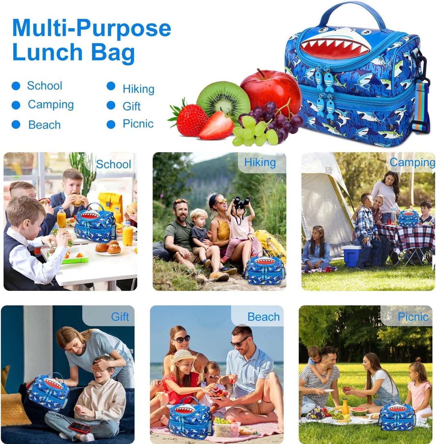 RHCPFOVR Kids Lunch Bag - Double - Decker Cooler Insulated Lunch Box for Boys Girls,Washable Lunch Bag with Strap and Reusable Toddler Lunchbox for School and Daycare