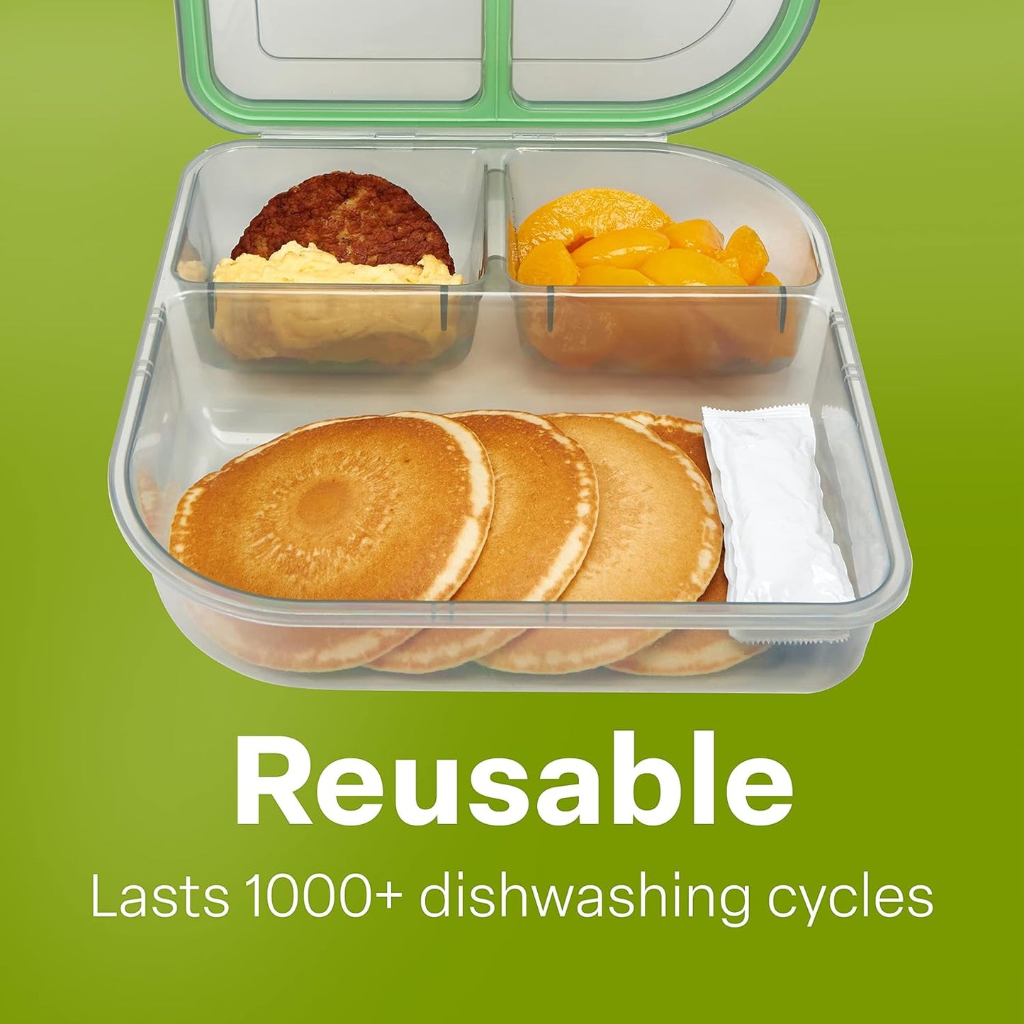 MyGo Container Large To-Go 3-Compartment Food Containers, Pack Of 3, 9-3/8" X 9-3/8" X 2-1/2", Reusable, Microwave Safe, NSF Certified, Smoke/Green