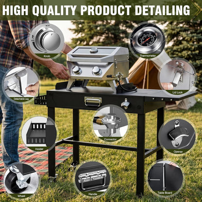 BESTFIRE 2-Burner Tabletop Propane Grill with Foldable Grill Cart, Portable Gas BBQ Station with Wheels & Prep Table, Dual-Fuel Setup for 1lb & 20lb Tanks, Stainless Steel Outdoor Kitchen for Camping