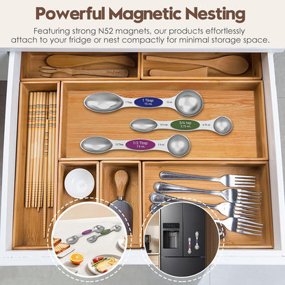 Magnetic Measuring Cups and Spoons Set – 304 Stainless Steel | Dual-sided Design | 15-Piece with Leveler | N52 Space-Saving Magnetic Nesting | Baking & Meal Prep | Kitchen Gift (Black)