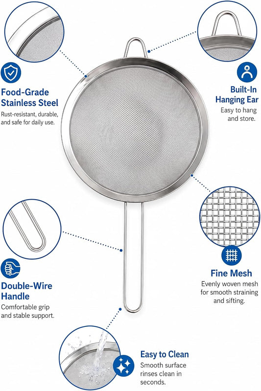 HiramWare Fine Mesh Strainer, Medium Stainless Steel Colander with Handle, Sieve for Pasta, Rice, Quinoa, Spaghetti, Fruits, Berry, Flour, Veggies, Metal Sifter for Kitchen