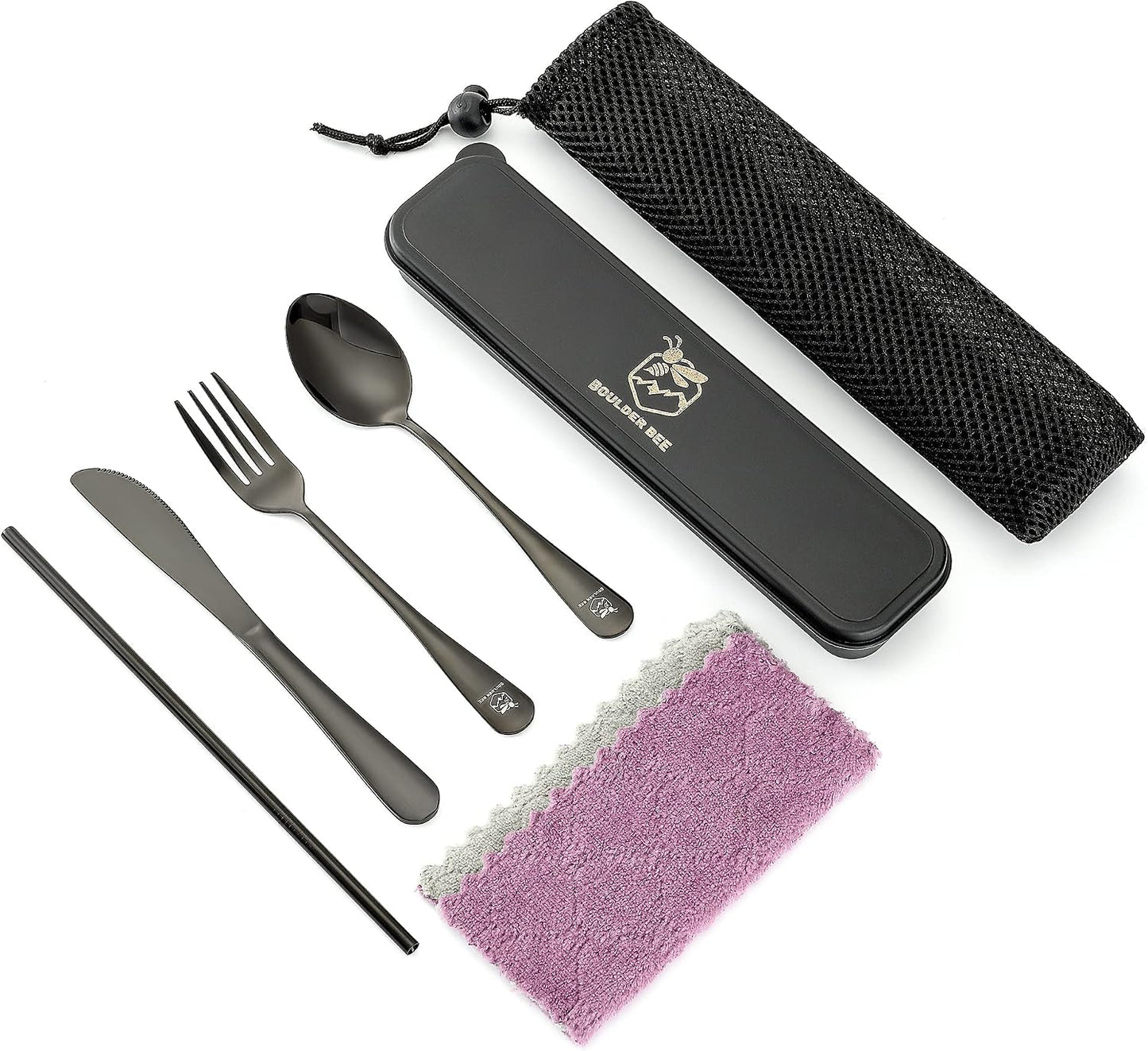 Boulder Bee | Travel Utensils Set | Reusable Camping Cutlery Set | Stainless Steel Flatware Set | Portable Silverware Set with Case | Includes Knife/Fork/Spoon/Straw/Cleaning Cloth/Case (Purple)