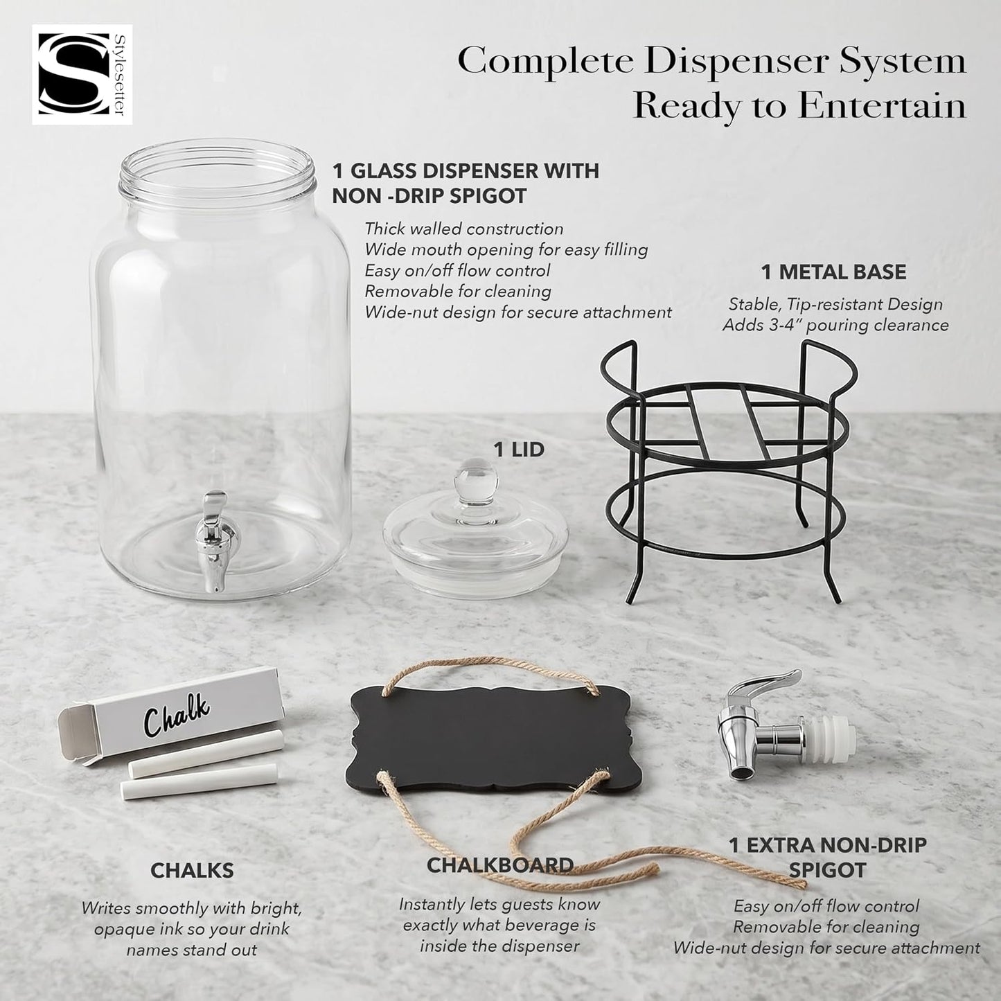 Style Setter Montgomery Beverage Cold Drink Dispenser w 2.7-Gallon Capacity Glass Jug, Leak-Proof Acrylic Spigot in Gorgeous Gift Box for Parties
