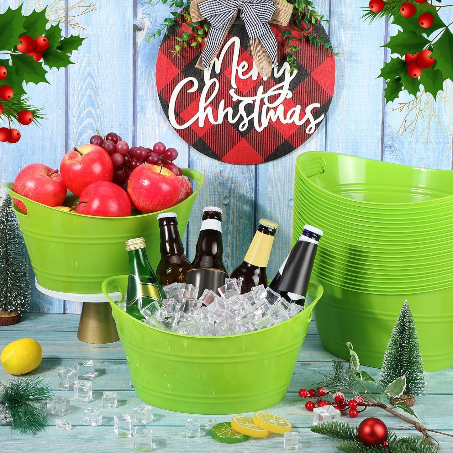 Norme 24 Pcs Oval Storage Tub with Handles, 4.5l Plastic Ice Buckets Bulk for Wine Beer Champagne Drink Cooler Beverage Storage Tub for Parties BBQ Weddings Party Outdoor Celebration(Blue & Red)