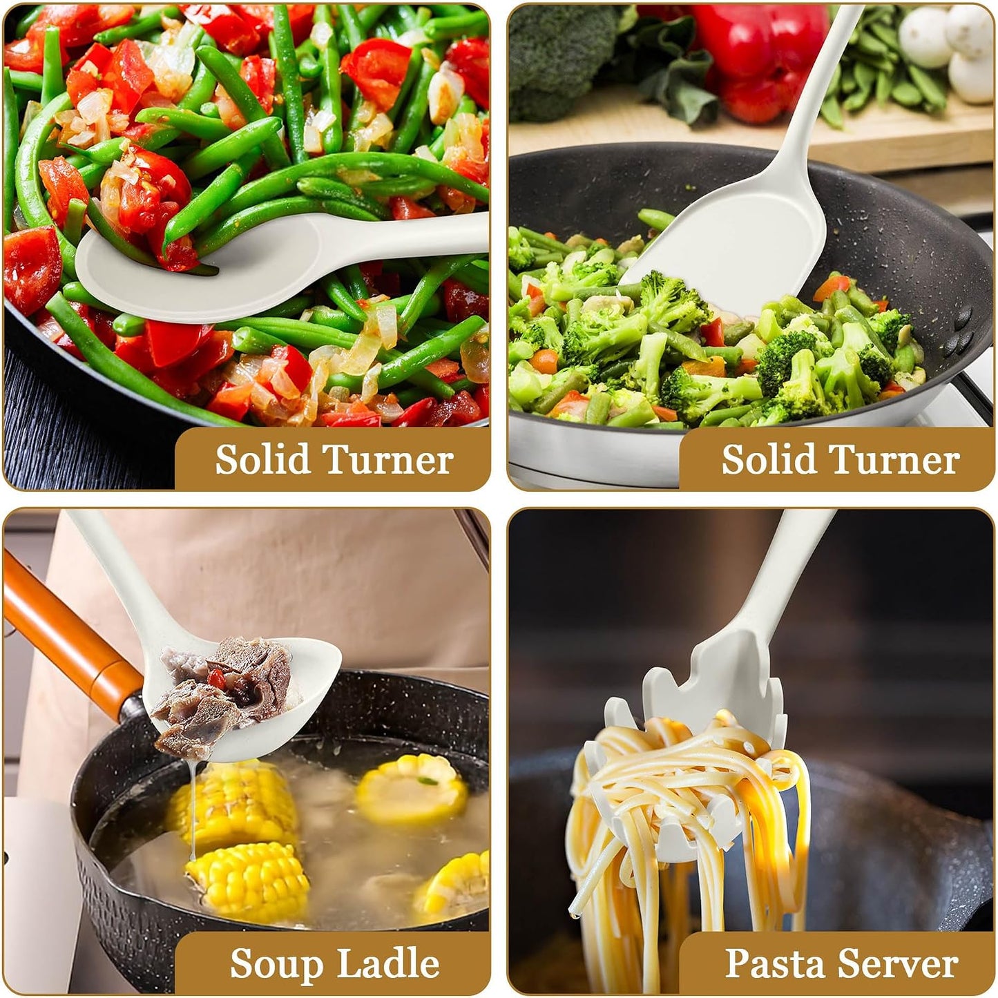 LIANYU Non-Toxic Silicone Kitchen Utensils Set, 8 Piece Non-Scratch Cooking Spoons & Spatulas, Stainless Steel Core, Heat Resistant & Dishwasher Safe, Khaki