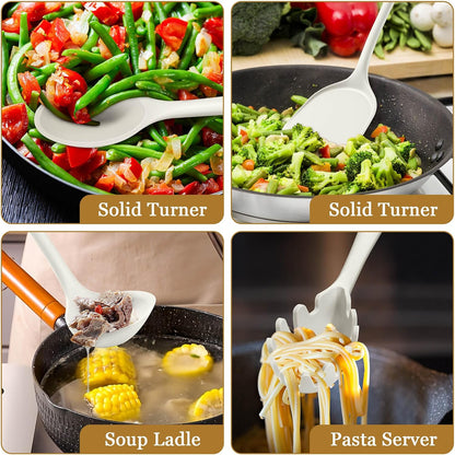 LIANYU Non-Toxic Silicone Kitchen Utensils Set, 8 Piece Non-Scratch Cooking Spoons & Spatulas, Stainless Steel Core, Heat Resistant & Dishwasher Safe, Khaki