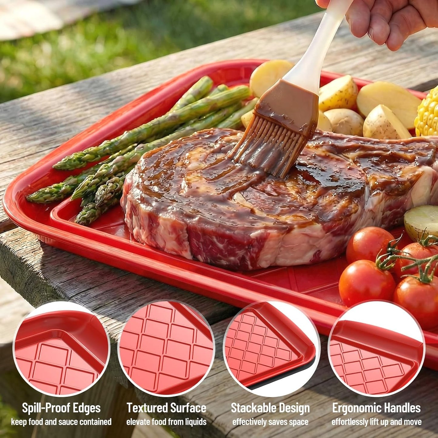 Grilling Prep & Serving Tray, Set of 2 Stackable Plastic BBQ Trays for Raw and Cooked Food, Dishwasher Safe, 17"×10.5" Outdoor Cooking, BBQ Accessories for Parties, Green & Black