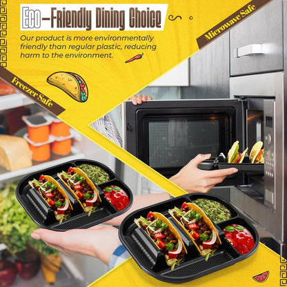 Baderke 40 Pack Disposable Plastic Taco Plates, Fiesta Tacos Holder Tray PP Taco Holder Plates with 2 Dividers for Soft & Hard Shells for Tacos Tuesday Bar, Parties, Picnics (Black)