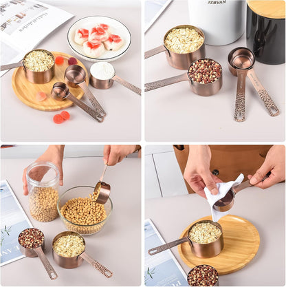 Copper Measuring Cups and Spoons Set 14, Stainless Steel Measuring Cups and Spoons set, Metal 6 Measure Cup and 7 Measure Spoon with 1 Leveler for Kitchen & Baking