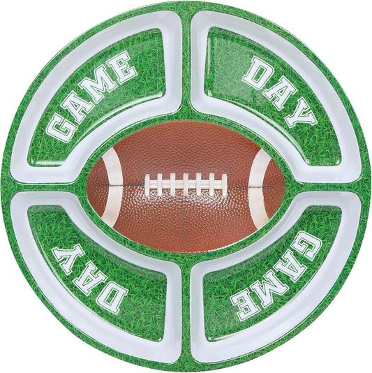 UP Football-Themed Melamine 5-Section Snack Platter, Round Divided Game Day Serving Tray with Green Field Design, for Chips and Dip, Sweets, and Appetizers, 15 Inch