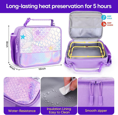 JYPS Lunch Box for Girls-Insulated Lunch Bag,Kids Bento Box with 6 Compartment,Water Bottle,Ice Pack,Salad Container,Perfect Lunch Container for Kids and Toddlers Back to School Age 7-15(Purple M)