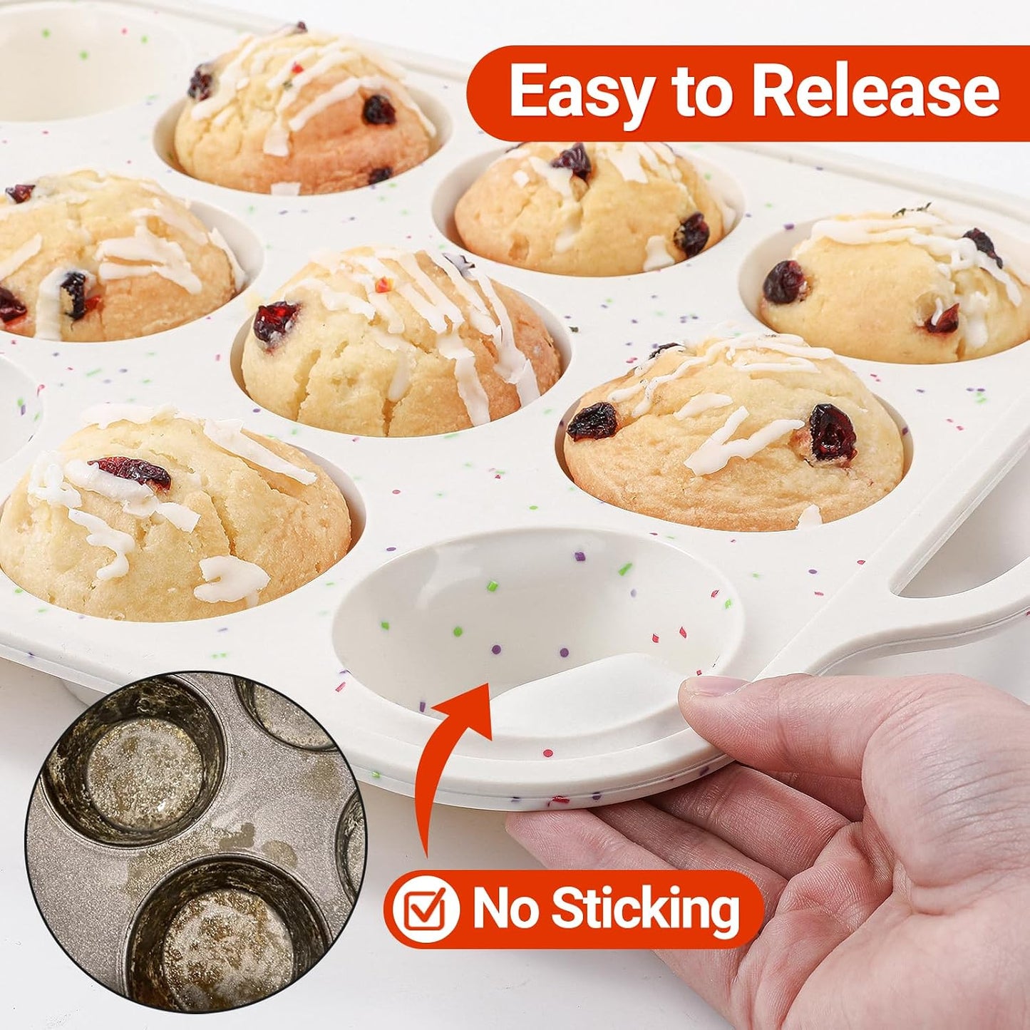Silicone Muffin Pans for Baking, Metal Reinforced Frame 12 Cups Regular Size Silicone Cupcake Pan Nonstick Muffin Tin for Baking Muffin, Cupcake, Frittatas,BPA Free, Silicone Molds Dishwasher Safe