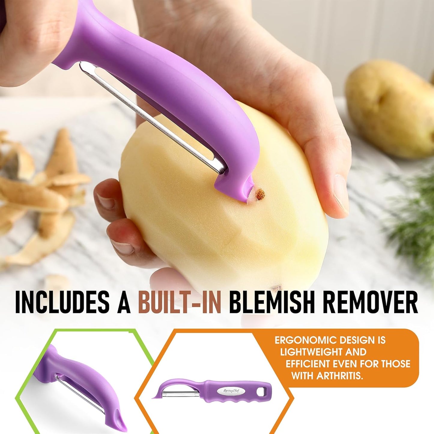 Spring Chef Premium Swivel Vegetable Peeler, Soft Grip Handle and Ultra Sharp Stainless Steel Blades - Perfect Kitchen Peeler For Veggie, Fruit, Potato, Carrot, Apple - Mango