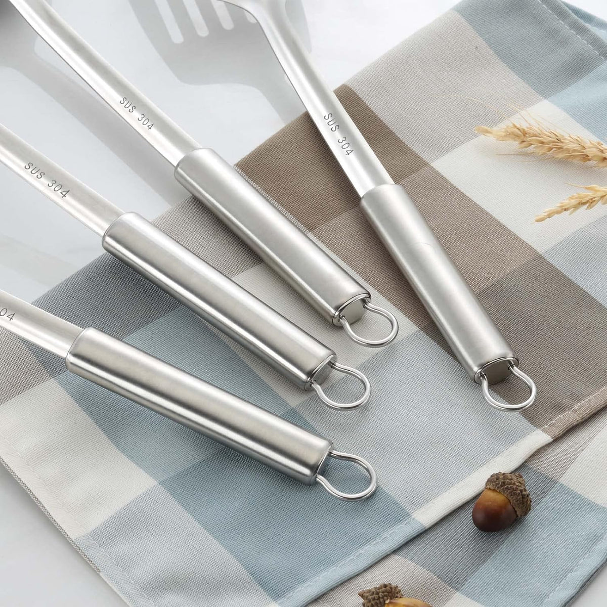 Pleafind 𝟑𝟑% 𝐎𝐅𝐅 Cooking Utensils Set - 4 Pcs Stainless Steel Kitchen Utensils Set with Solid Turner, Slotted Turner, Serving Ladle, Slotted Spoon, Wok Utensils Set with Heat Resistant Handle