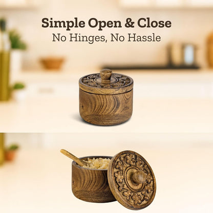 Mie Creations Rustic Salt Box Cellar with Lid & Spoon, Mango Wood Floral
