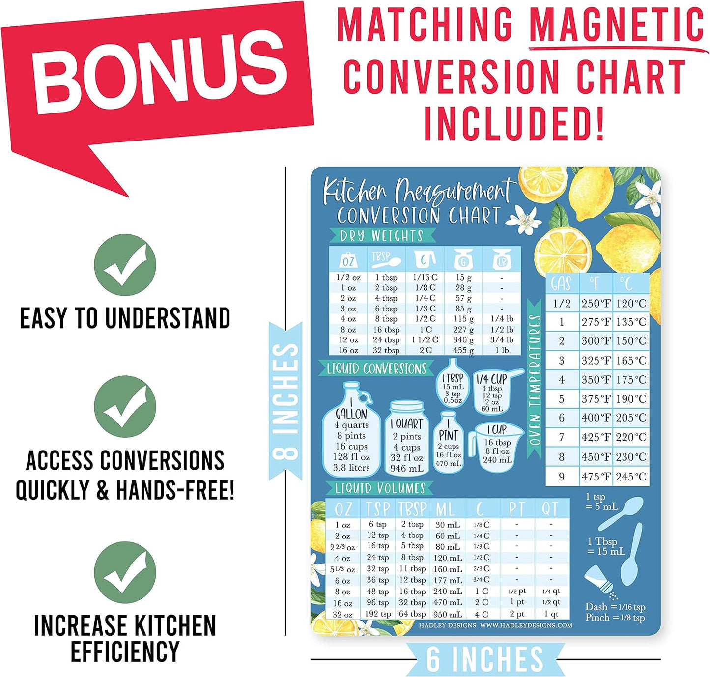 Hadley Designs Lemon Magnetic Weekly Meal Planner Dry Erase Board for Refrigerator - Weekly Dinner Menu Board for Kitchen Conversion Chart Magnet, Grocery List