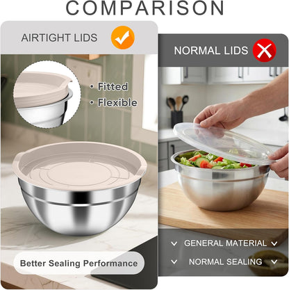 HaWare Mixing Bowls with Airtight Clear Lids, 6-Piece Stainless Steel Strong Nesting Bowls Set, Metal Salad Bowl for Cooking, Prepping, Baking, Serving & Food Storage, Size 4.6, 3, 1.5QT, Khaki