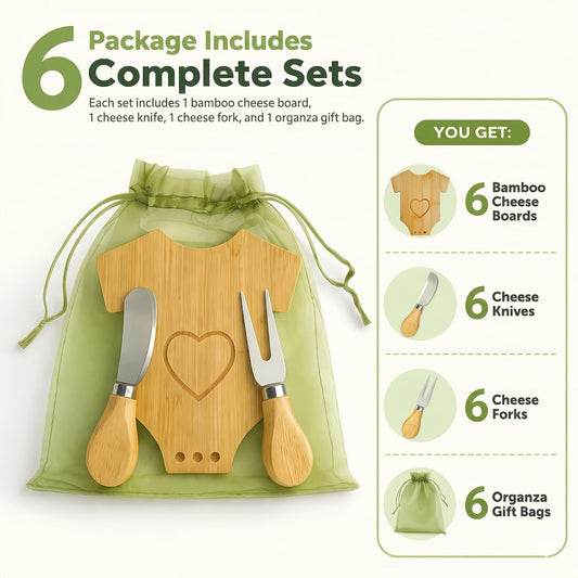 6 Sets Mini Wooden Cheese Board, Baby Shower Favors for Guests, Baby Shower Prizes for Game Winners, Baby Bodysuit-Shaped Bamboo Charcuterie Board Gift Set with Spreader Knife, Fork & Organza Bag