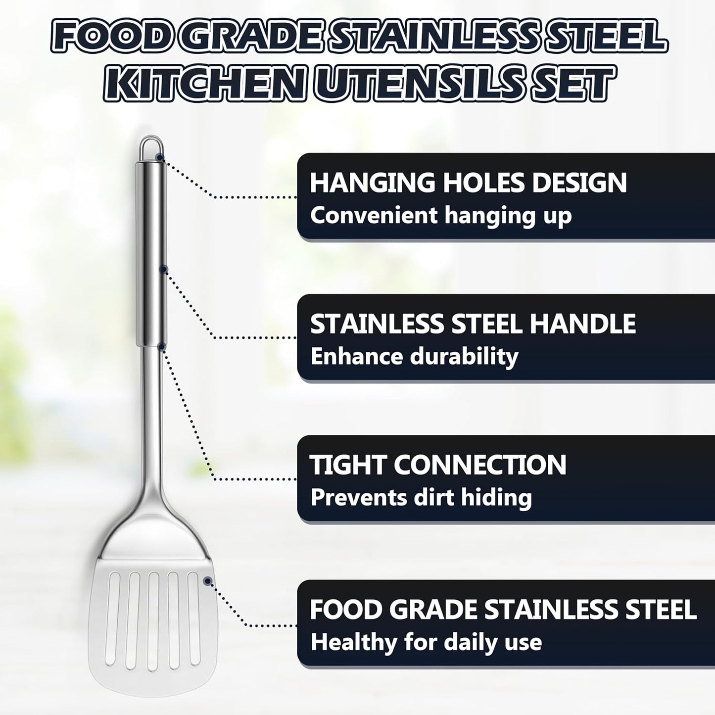 E-far Cooking Utensils Set, 10-Piece Stainless Steel Kitchen Utensils with Holder, Metal Heat Resistant Kitchen Cookware Tool Spatula Set for Cooking, Easy Clean & Dishwasher Safe