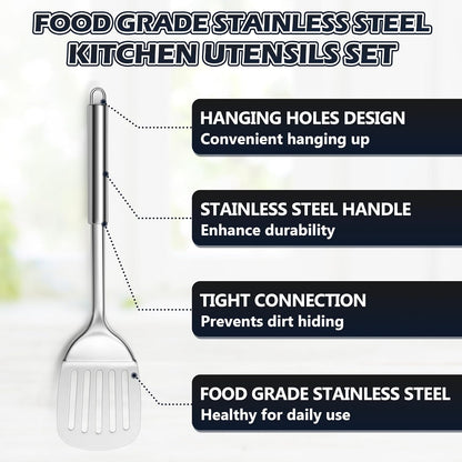 E-far Cooking Utensils Set, 10-Piece Stainless Steel Kitchen Utensils with Holder, Metal Heat Resistant Kitchen Cookware Tool Spatula Set for Cooking, Easy Clean & Dishwasher Safe