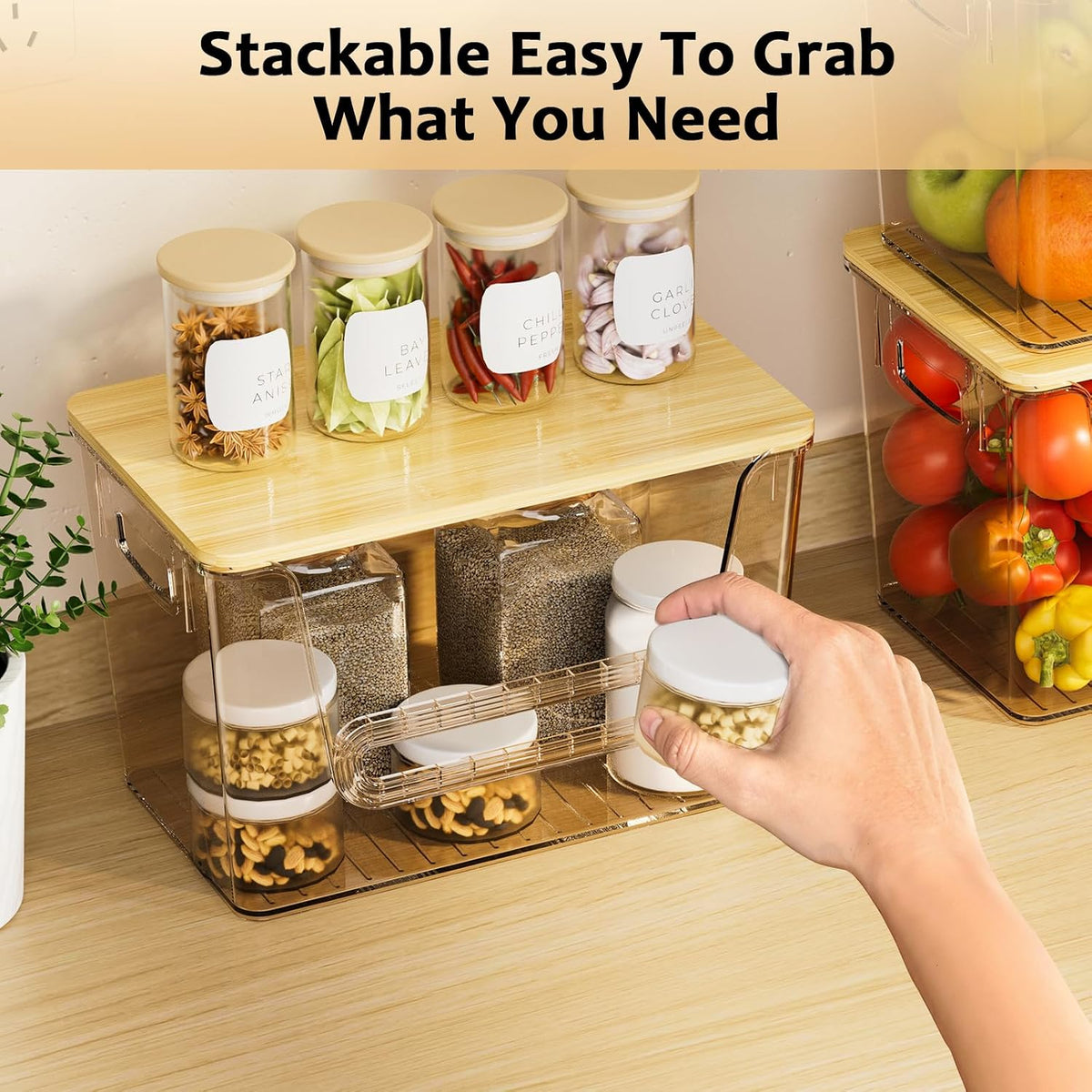 Delamu 2 Set Pantry Organizers and Storage, Trash Bag Holder Under Sink Organizer for 4-13 Gal Bags, Trash Bag Dispenser with Bamboo Top for Onion, Potato, Garlic, Clear (11-7/32"L*7" W*7-1/8"H)