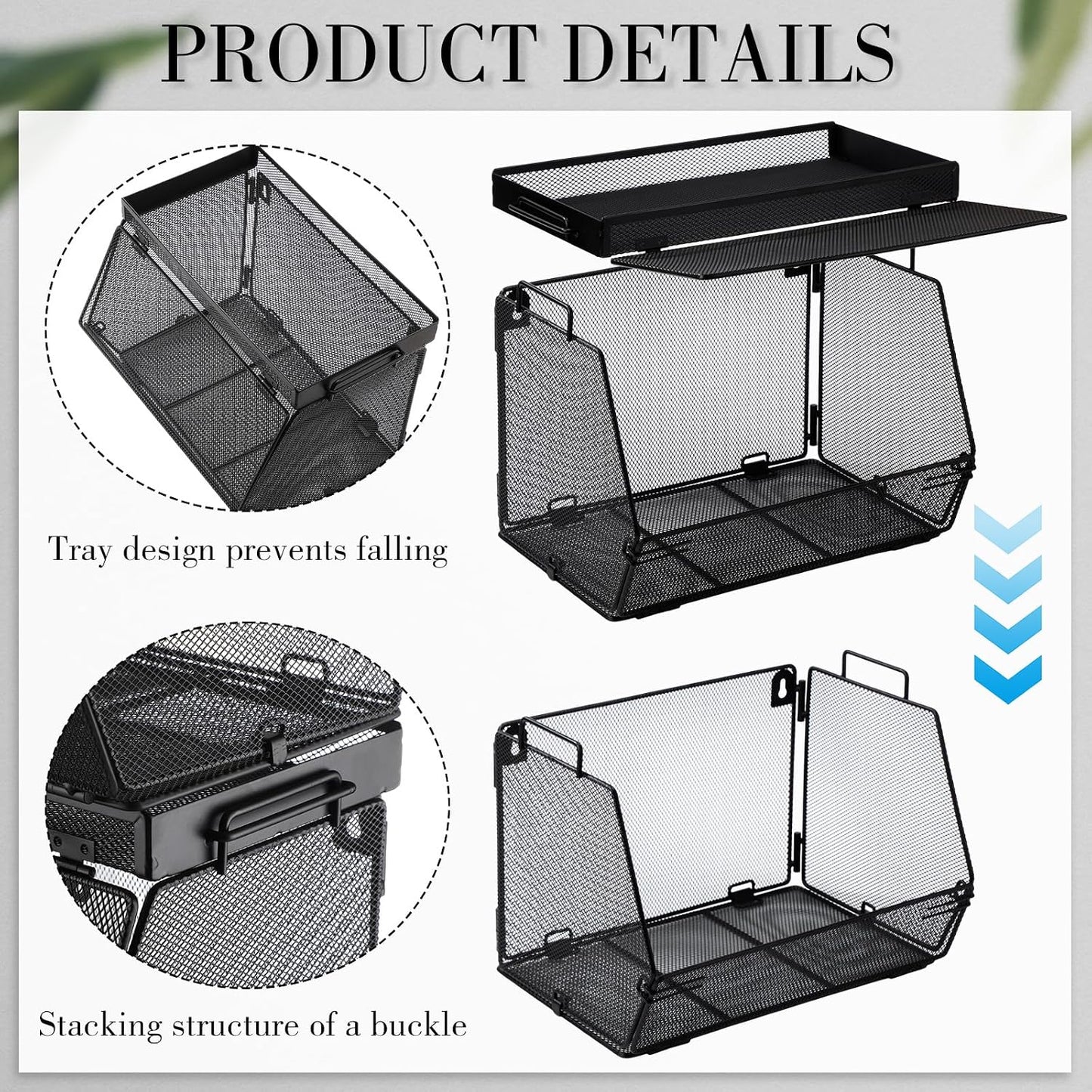 Teenyyou 2 Pcs Stackable Mesh Fruit Basket with Lid Wall Produce Vegetable Storage Basket Onion Potato Hanging Metal Wire Container for Kitchen Counter Pantry(Non-removable,Black,8.3" w & 13.8" l)