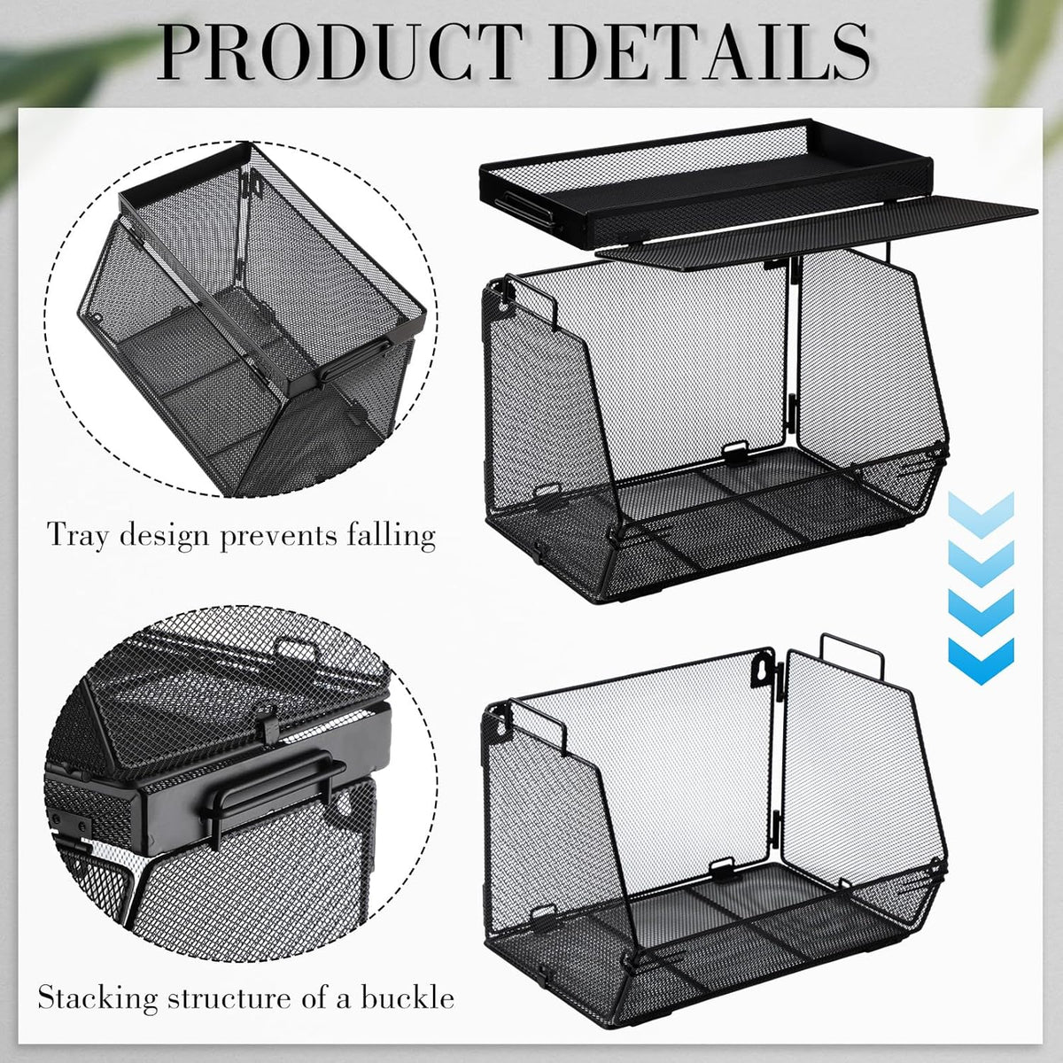 Teenyyou 2 Pcs Stackable Mesh Fruit Basket with Lid Wall Produce Vegetable Storage Basket Onion Potato Hanging Metal Wire Container for Kitchen Counter Pantry(Non-removable,Black,8.3" w & 13.8" l)