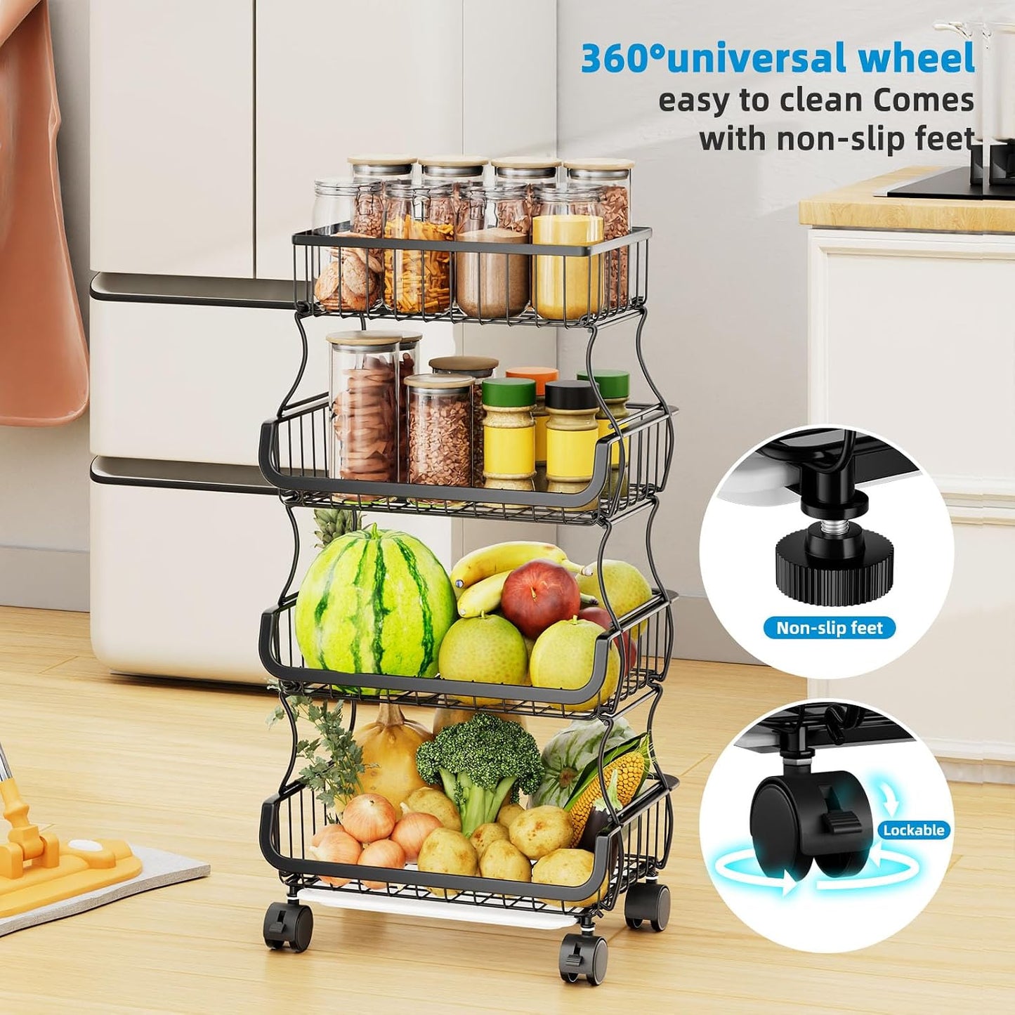 Simple Trending 4 Tier Rolling Cart, Stackable Fruit Vegetable Basket with Wheels and 2 Hanging Basket, Kitchen Storage Metal Wire Basket Stand for Vegetable Snacks, Black