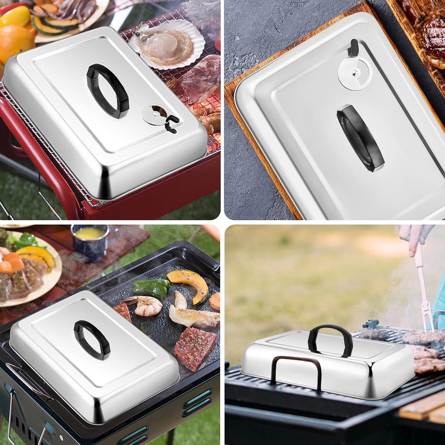 Leonyo 13 x 9 Inch Rectangular Basting Cover Set of 2, Stainless Steel Cheese Melting Dome Lid with Adjustable Vent Heavy Duty for Outdoor&Indoor Flat Top Griddle Accessories Teppanyaki BBQ Grilling