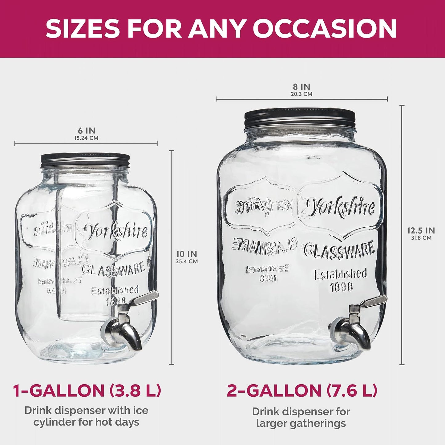 FineDine Glass Drink Dispenser with Stand & Stainless Steel Spigot – 1 Gallon drink dispensers for parties, glass beverage dispenser Set, punch bowl for Lemonade, Juice, Infused Water & More, 2 Pack