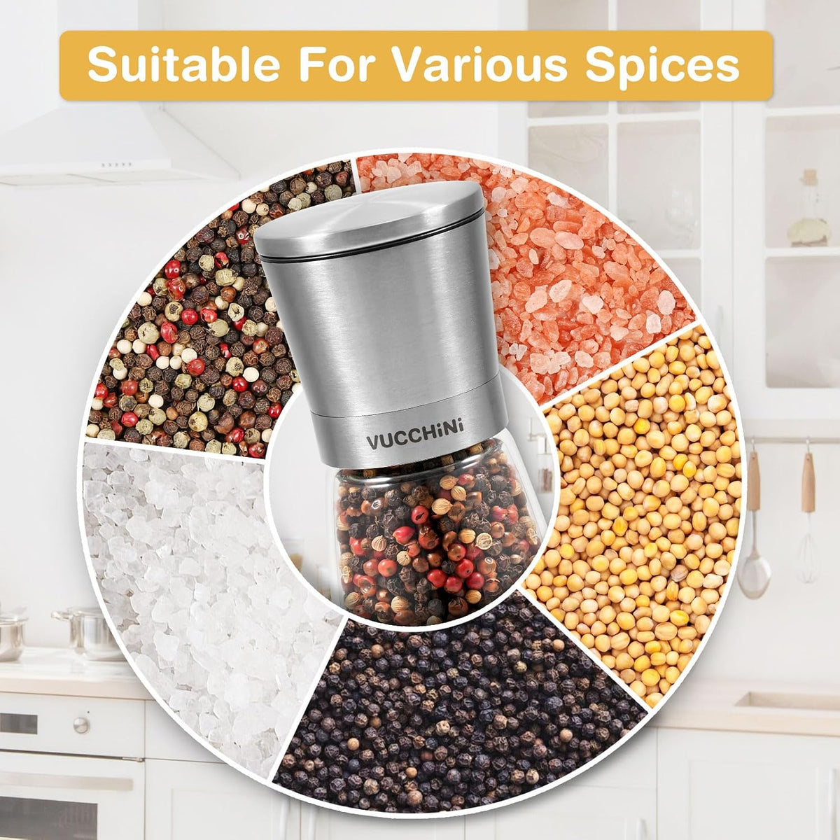 Vucchini Gold Salt and Pepper Grinder Mill Adjustable Coarseness Ceramic