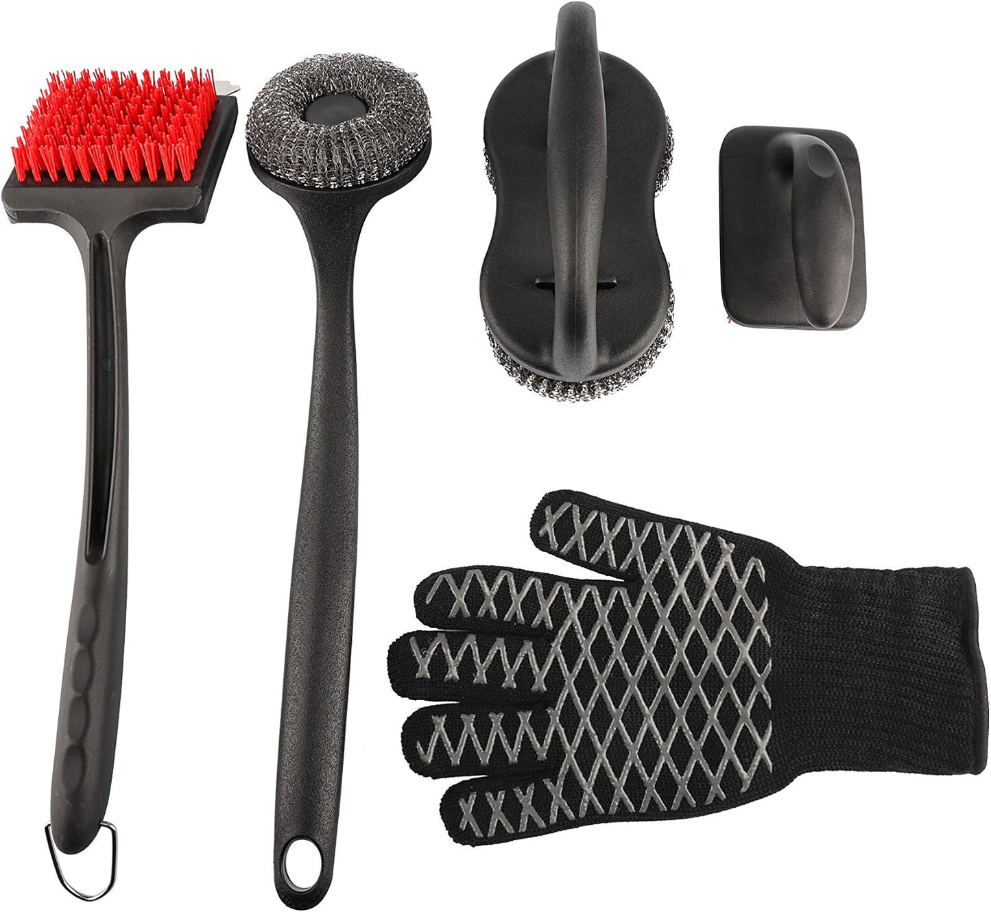 5 Pc. High Temperature Grill Cleaning Kit with Nylon & Wire Brushes, Heat Resistant Glove, Black