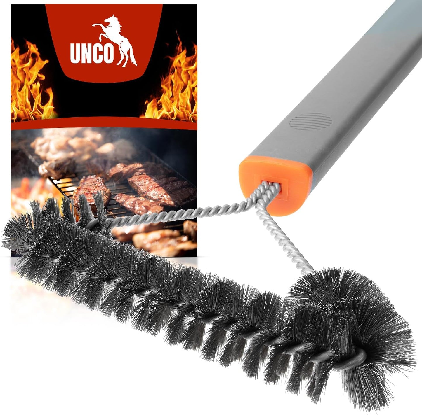 UNCO- 3-Sided Grill Brush - Stainless Steel, 12.2" - BBQ Grill Cleaner Brush
