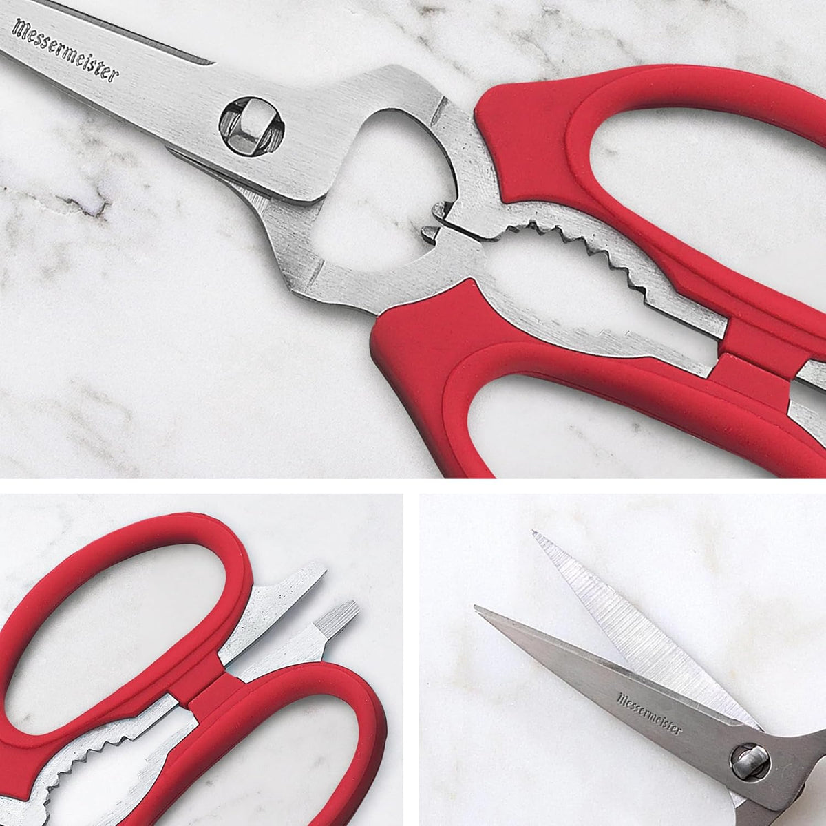 Messermeister 8-Inch Take-Apart Kitchen Scissors, Red - Includes Screwdriver, Nut Cracker, Jar Lid Opener/Gripper, Bottle Opener & Bone + Twig Cutter - Suitable for Lefties & Righties