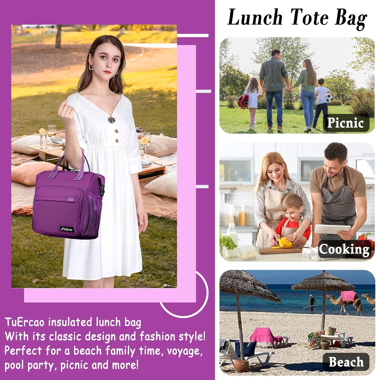 TuErCao Small Lunch Bag Lightweight Insulated Lunch Box for Women Work Portable Soft Cooler for Picnic Travel Road Trips, Loncheras para Mujer, Black