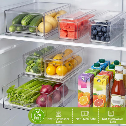 6Pack Fridge Organizers and Storage,Stackable Fridge Organizer Bins with Lids, 2 Pull Out Fridge Organizers and 4 Storage Container with Drain Tray for Fruits, Vegetables, Drinks, Snack and Food