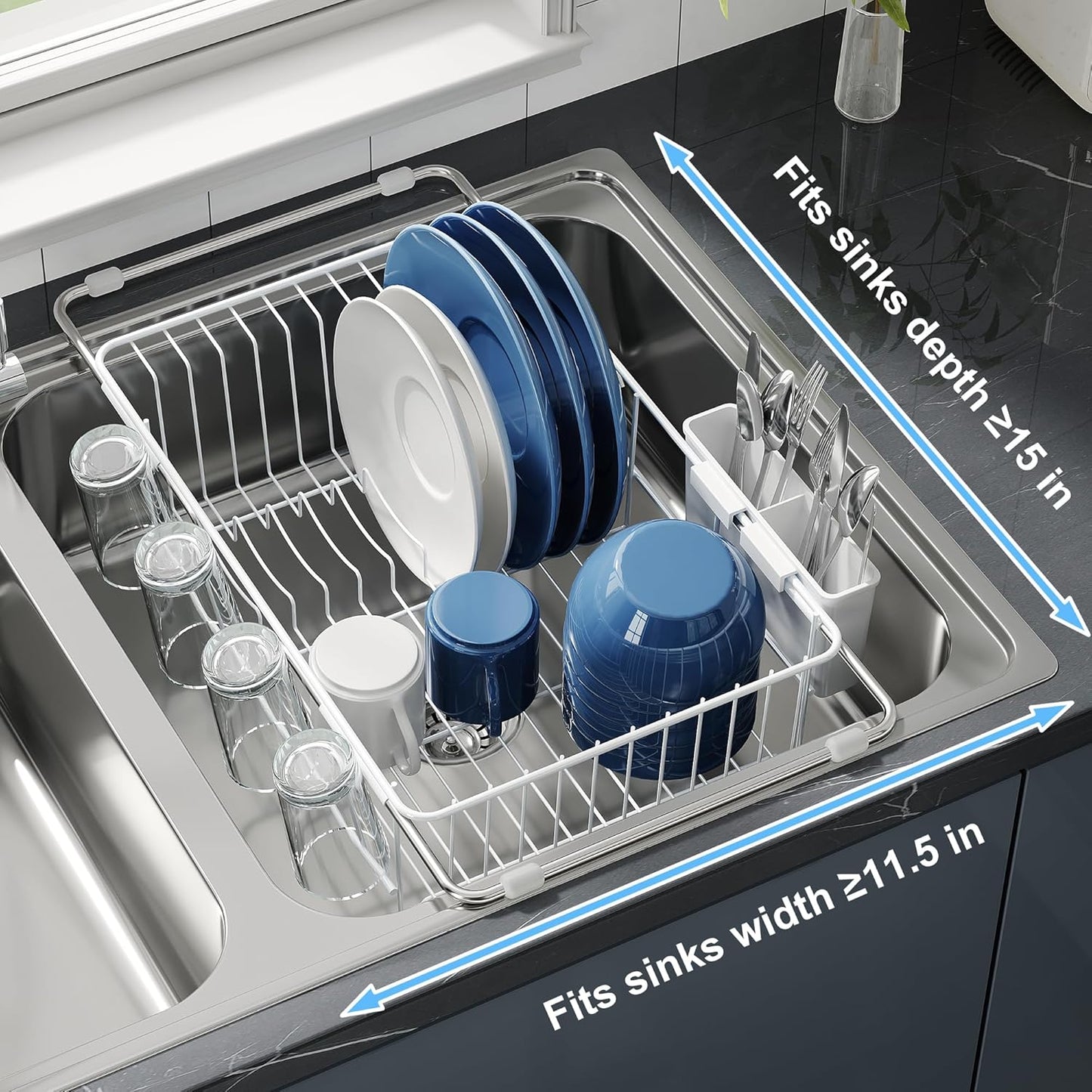 JASIWAY Dish Drying Rack in Sink, Expandable Stainless Steel Dish Drainers for Kitchen Counter, Dish Dryer Rack for Inside Sink, Over The Sink Dish Racks with Utensil Holder, Silver