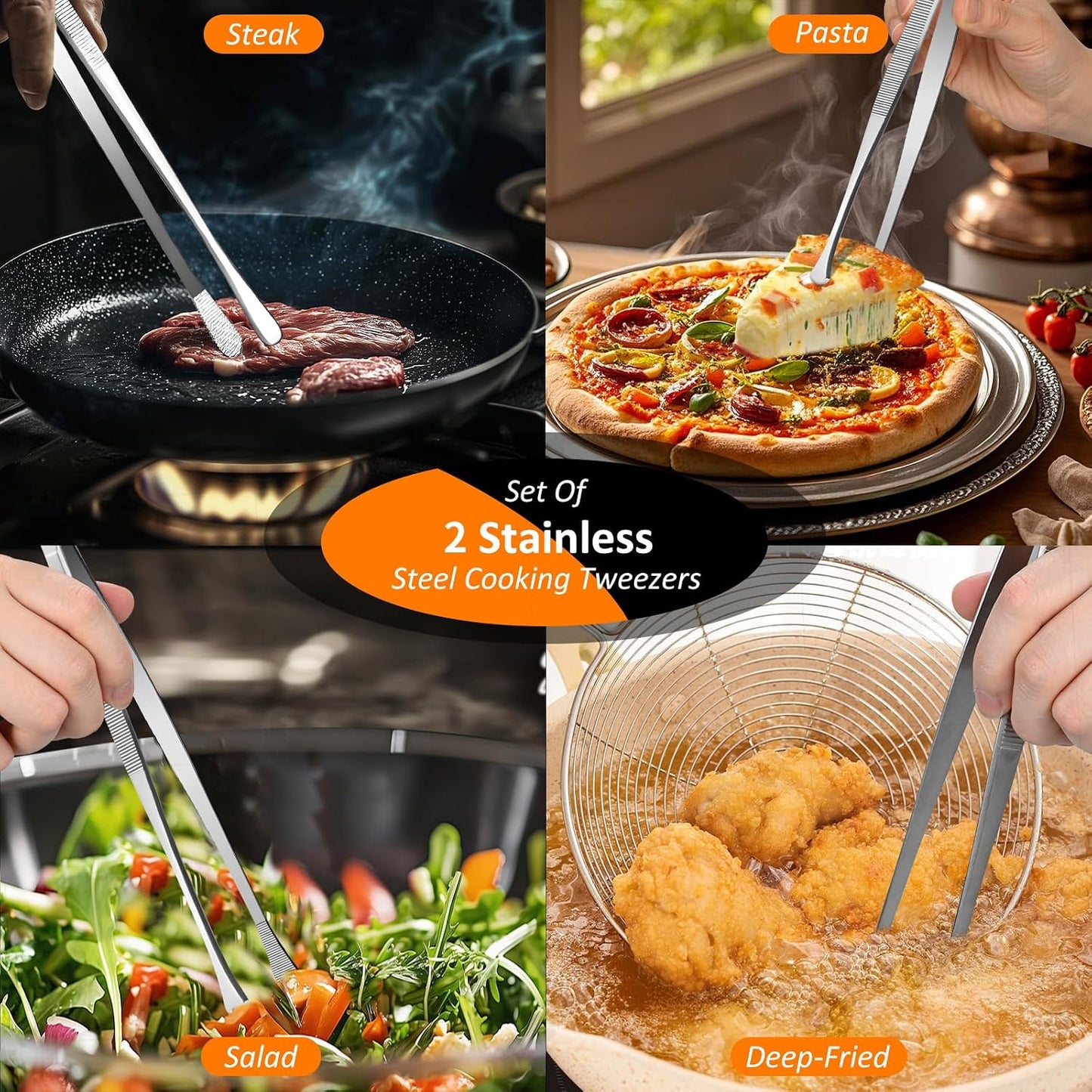 2-Piece Kitchen Tongs Set – 12-Inch Stainless Steel BBQ Tweezers with Straight & Curved Edges, Non-Slip Grip, Heavy Duty for Grilling Steak, Flipping Pancakes, Salads & Cooking