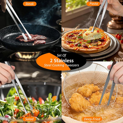 2-Piece Kitchen Tongs Set – 12-Inch Stainless Steel BBQ Tweezers with Straight & Curved Edges, Non-Slip Grip, Heavy Duty for Grilling Steak, Flipping Pancakes, Salads & Cooking