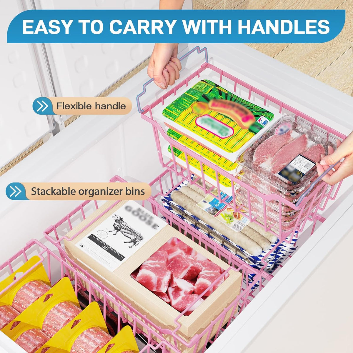 SUNALLY Freezer Organizer Bins, 8 Pack Chest Freezer Organizer Stackable for 5-7 Cu.FT Deep Freezer Sort Frozen Meats and Food, Freezer Storage Baskets with Handles Easy Reach from Bottom, White