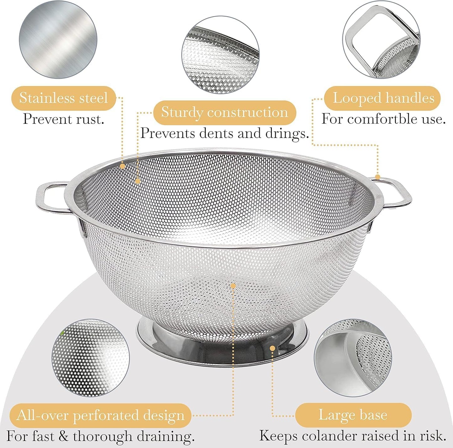 Bellemain 3 Qt Metal Colander with Handle | Pasta, Spaghetti, Berry, Fruit, Vegetable, Kitchen Food Strainer Basket | 18/8 Stainless Steel Colander Bowl | Pot Drainer for Cooking, Sifter Strainer