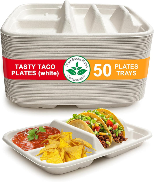 White Disposable Taco Plates for 2 Tacos & 2 Sides – 50 PACK | Premium Paper Plates with Dividers, Fiesta Taco Holder, Taco Stand for Taco Tuesday & Taco Bar Serving Set (White, 50 plates)