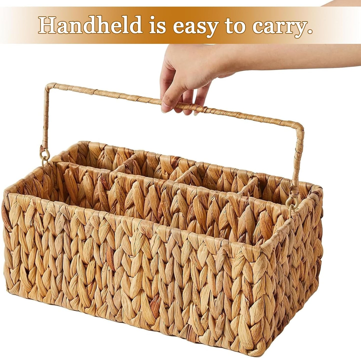 Silverware Organizer,Hand-Woven Wicker Kitchen Utensil Caddy with Handle,Cutlery Holder for Party Camping,Flatware Spoon Condiment Basket,Water Hyacinth Utensil Holder for Kitchen Counter