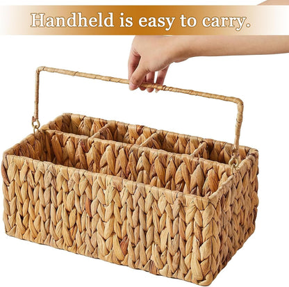 Silverware Organizer,Hand-Woven Wicker Kitchen Utensil Caddy with Handle,Cutlery Holder for Party Camping,Flatware Spoon Condiment Basket,Water Hyacinth Utensil Holder for Kitchen Counter