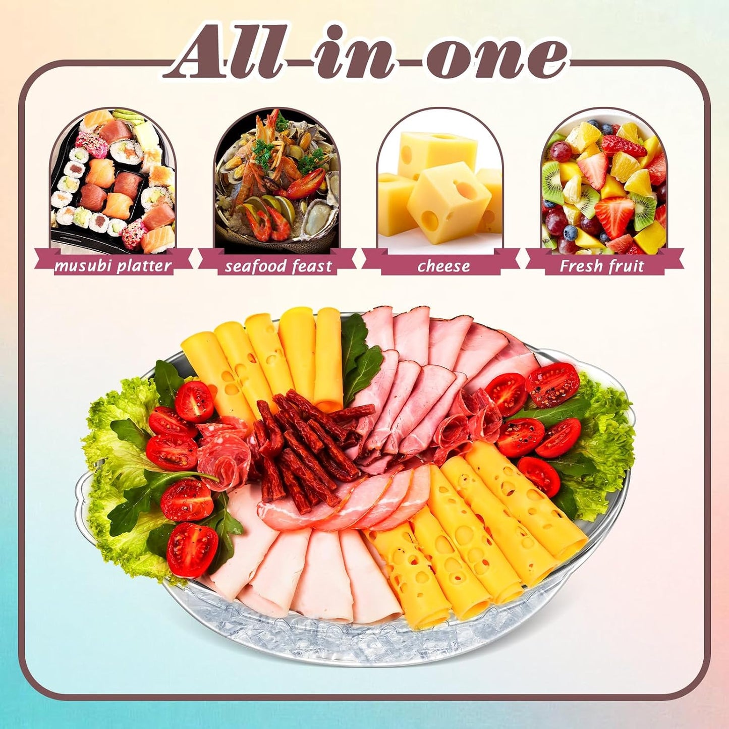 Baderke 3 Set 11.8" Chilled Serving Tray for Parties with Compartments Ice Chilled Party Platter Charcuterie Serving Board Cold Dish Dip for Fruit Seafood Vegetable Shrimp Cocktail (Natural)